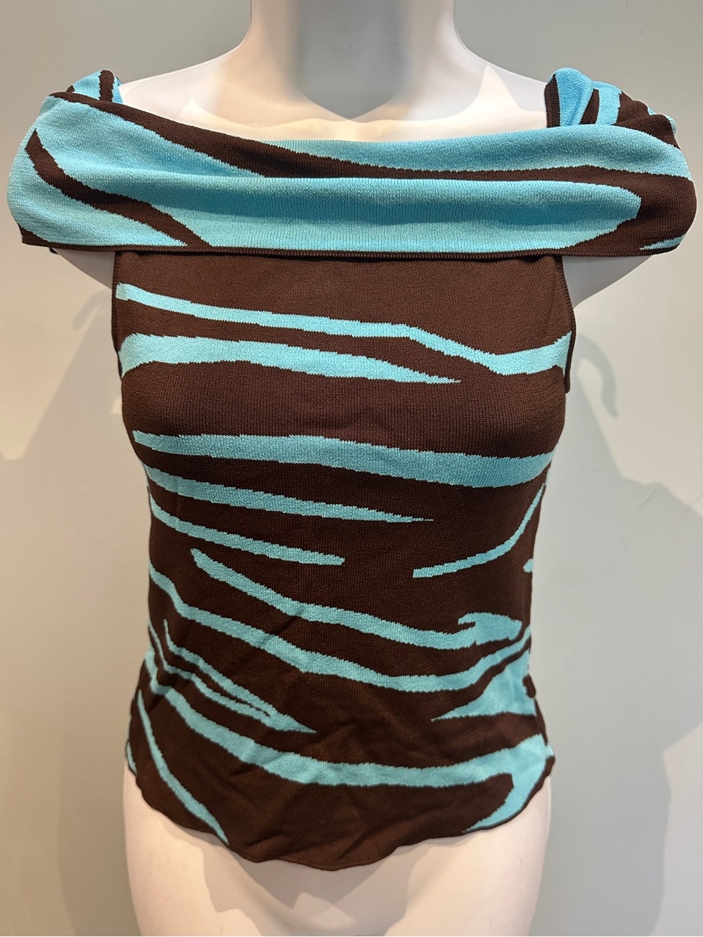 Venini Petite Blue and Brown Y2K Off Shoulder Top Blouse Asymmetrical Size PP - Picture 3 of 11